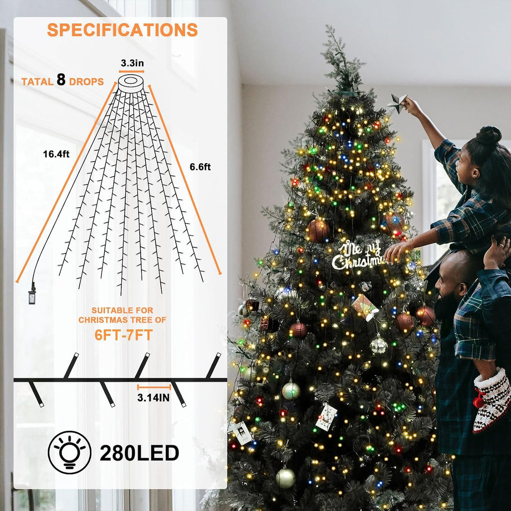 BOLWEO Christmas Tree Lights, 280LED 8 Lines Christmas Lights for Tree 8 Modes for 6ft-7ft Christmas Tree, UL Certified Indoor Outdoor Christmas Decorations 8 * 6.6ft Drops Multi-Color