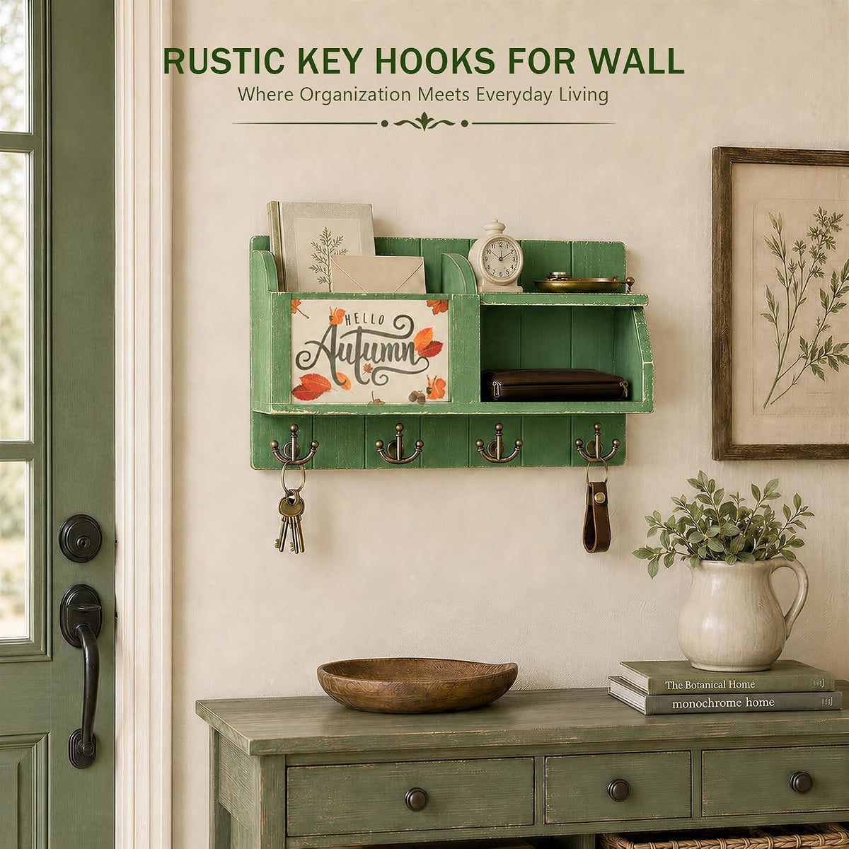Key Holder Wall Mount with Chalkboard & 4 Key Hooks for Home Decor, Green