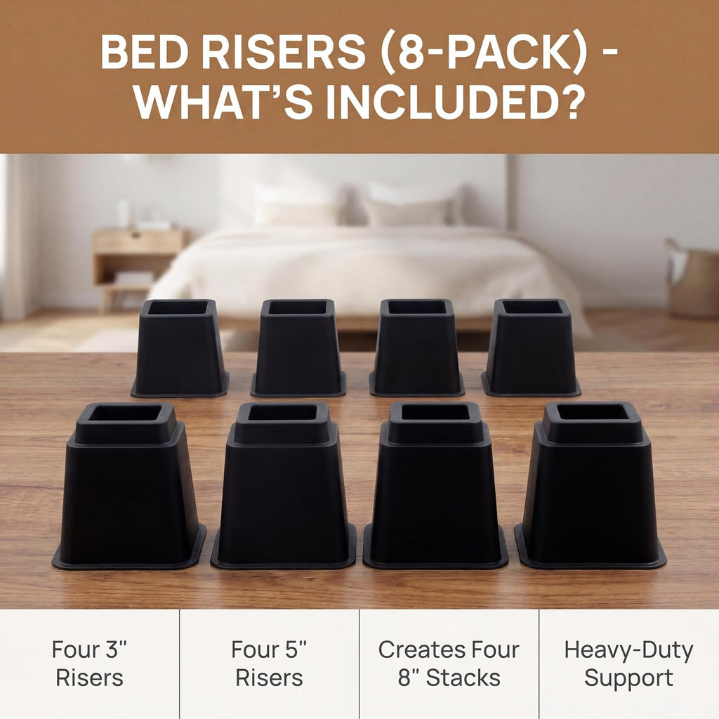 Bed Risers 8-Pack - Stackable Furniture Lifts for 3, 5 or 8 Inch Adjustable Height, 2200 Lbs Capacity Black Square Sofa and Desk Elevators for Under Bed Storage