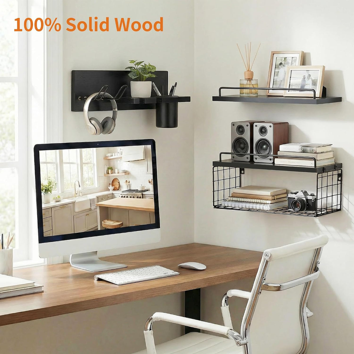 3-Tier Bathroom Floating Shelves with Hair Dryer Holder, Black