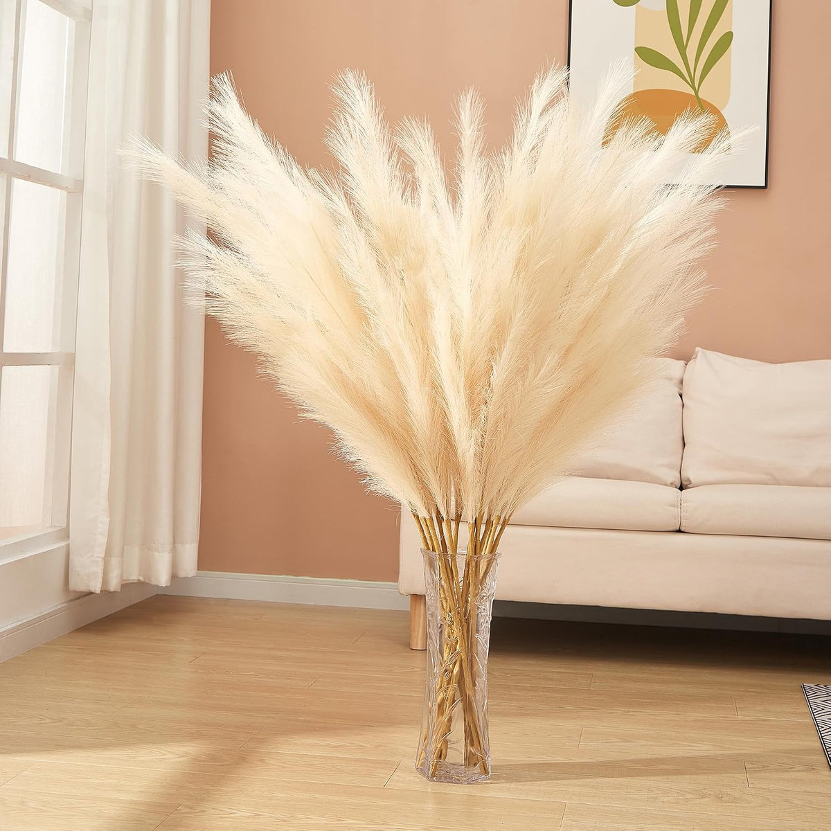 7 Pcs 45" Faux Pampas Grass – Fluffy Artificial Pompous Grass for Tall Floor Vase, Non-Shedding Home Decor, Boho Wedding Flowers, Baby Shower Centerpieces, Bedroom & Living Room Decor (Beige)