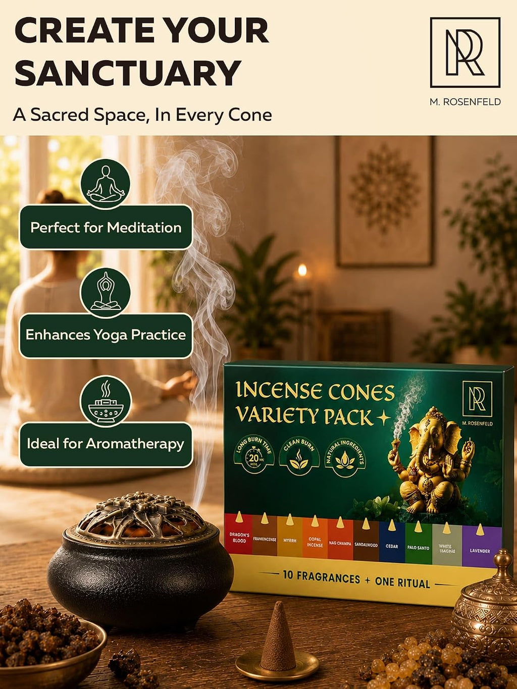 Incense Cones Variety Pack 100 - Natural Scented Cone Incense Bulk Set with Frankincense, Myrrh, Sandalwood, Nag Champa, White Sage, Palo Santo, Lavender, Cedar, Copal & Dragons Blood Slow Burning