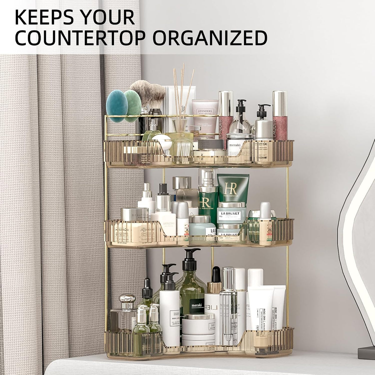 Corner Bathroom Counter Organizer with Top Toothbrush Holders, 3-Tier Make Up Organizers for Vanity with Brush Holder, Corner Storage for Bathroom, Kitchen, Dresser