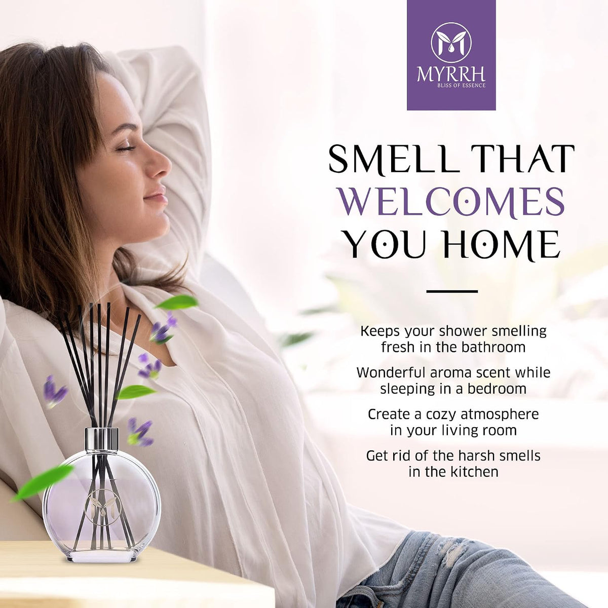 Lavender Blossom Scented Reed Diffuser Set with 8 Rattan Diffuser Sticks, 150 ml, All Natural Air Freshener, Long-Lasting Diffusers at Home - MyrrhUSA