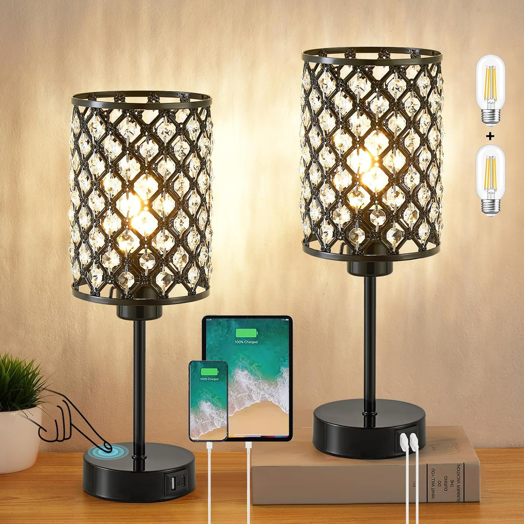 GyroVu Black Crystal Bedside Table Lamps Set of 2 with USB C+A Ports