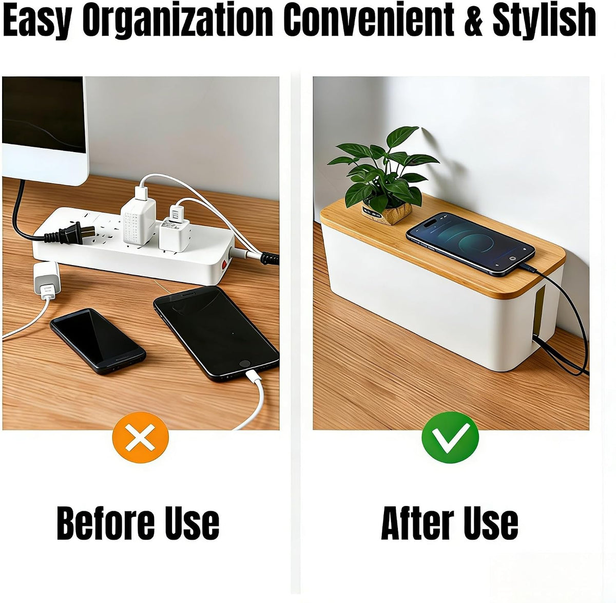 1 Large + 1 Small Cable Management Box Set – 2-Piece Cord Organizer Box, Home Office Desk Wire Storage & Cable Management Solution (Bamboo Lid/White)