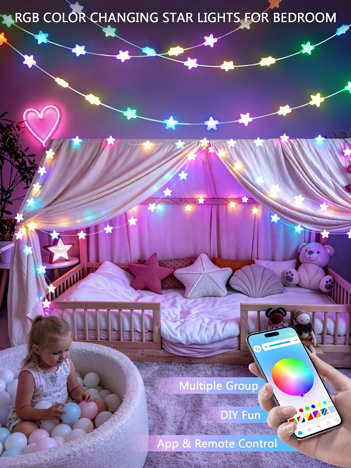 JMEXSUSS 33FT 66 LED Color Changing Smart Star String Lights for Bedroom