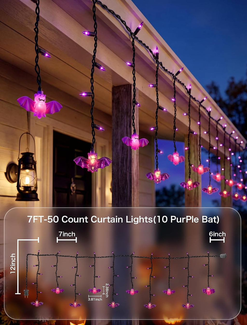 SUNSGNE Halloween Bat Curtain Lights, 7FT 50 LED Purple Window Decor