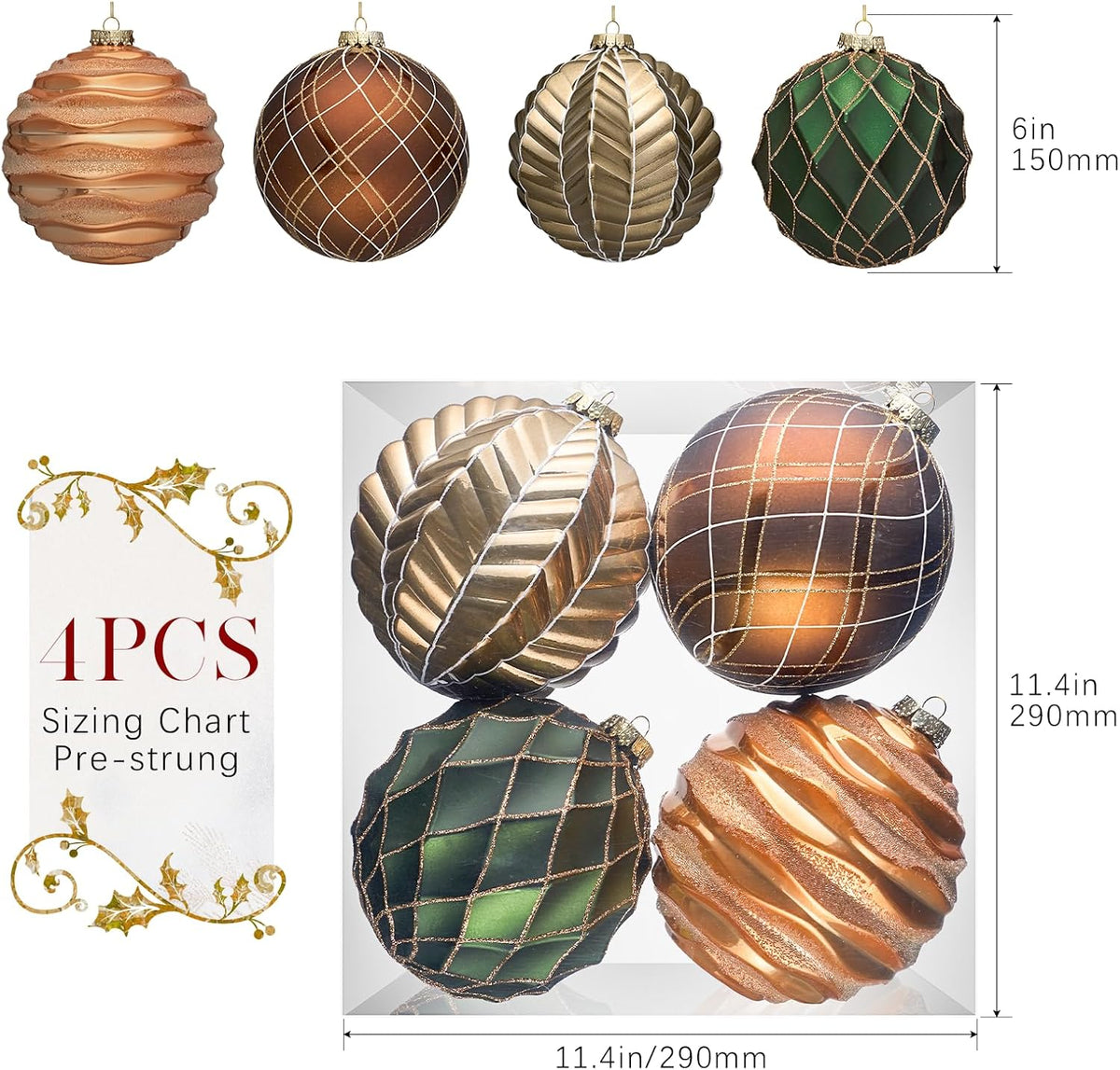 JORNOY Christmas Balls Ornaments Set, 6 inch/150mm Extra Large Shatterproof Plastic Hanging Bulbs for Xmas Tree Decorations Holiday Party with String, 4 Pack-Earth Tone