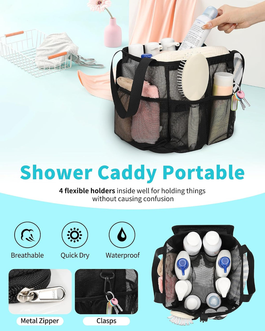 CUBETASTIC Mesh Shower Caddy Portable - Large Capacity Shower Tote for College Dorm Essentials, Bathroom, Gym, Camping, 360° Hanging Hook & 4 Pockets Travel Toiletry Bag (A# Black, 8.6"×8.6"×9.8")