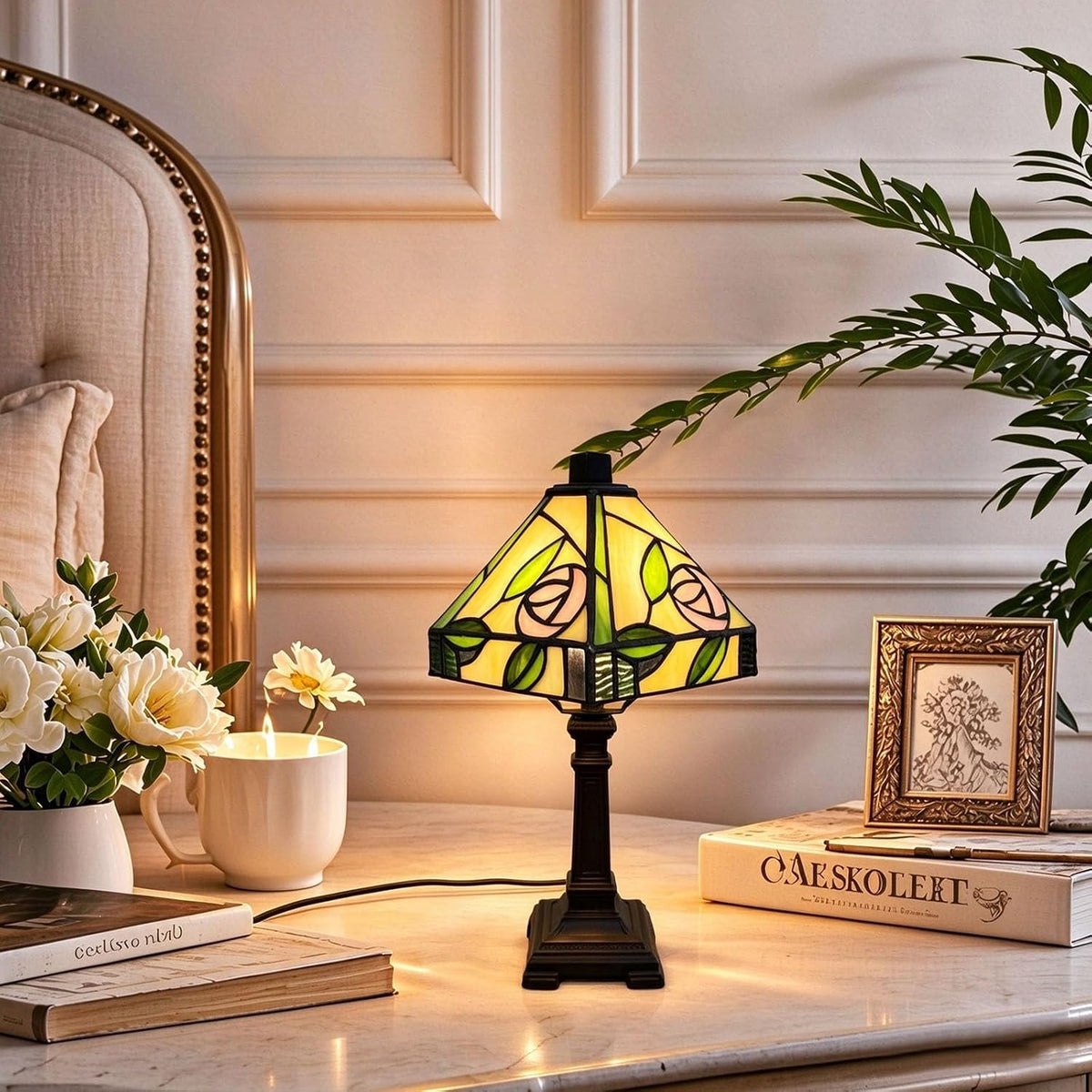 Tiffany Style Lamp Hand-Made Pink Rose Stained Glass Table Lamps