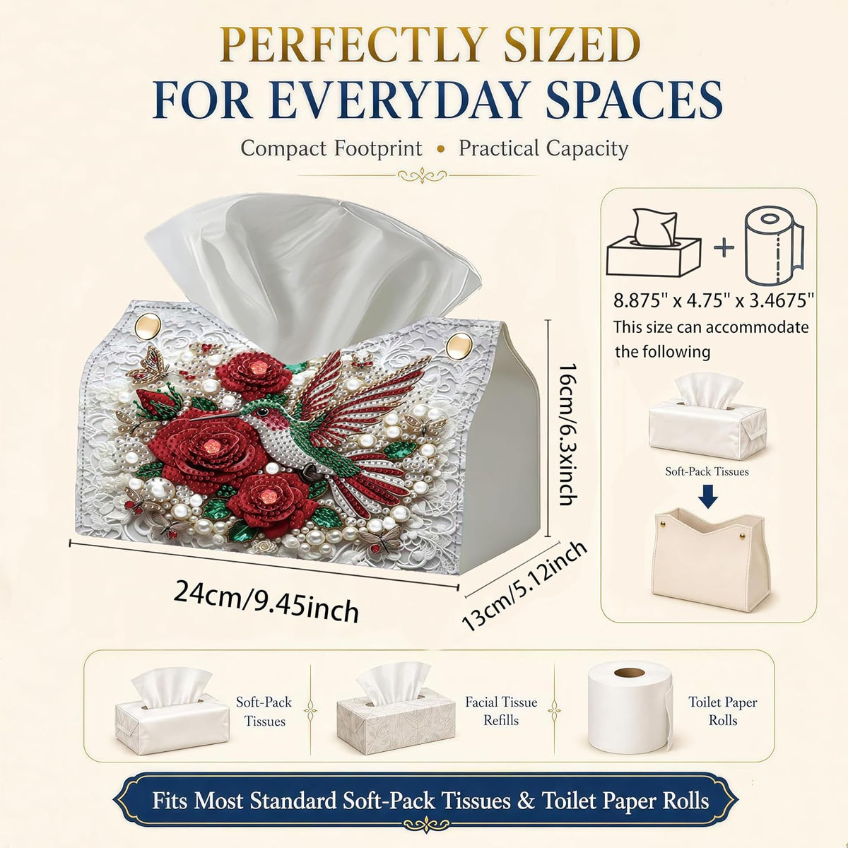 NCMCDZS Diamond Art Tissue Box Cover,9.44x9.05x6.29in,1 Pack