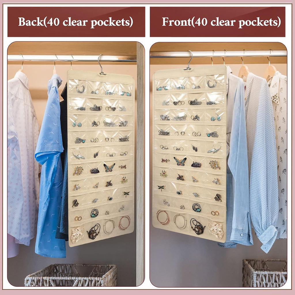 Kenning 4 Pcs Hanging Jewelry Organizer with 80 Pockets Earring Storage Organizer Dual Sided Earring Holder Necklace Hanger Closet for Bracelet, Necklace, Ring, Knitting Tool, Accessories, Beige