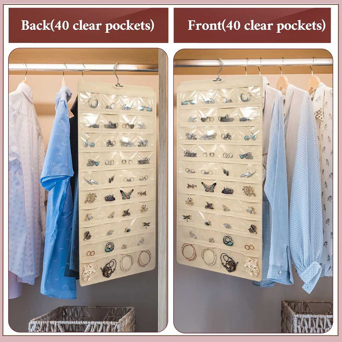 Kenning 4 Pcs Hanging Jewelry Organizer with 80 Pockets Earring Storage Organizer Dual Sided Earring Holder Necklace Hanger Closet for Bracelet, Necklace, Ring, Knitting Tool, Accessories, Beige