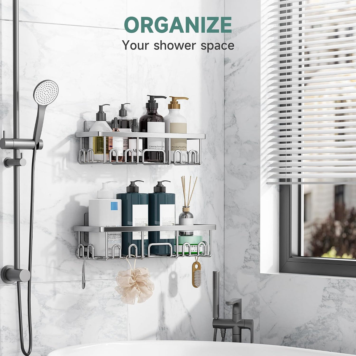 Veken Shower Caddy 2-Pack, Bathroom Organizers and Storage Shelves, Silver