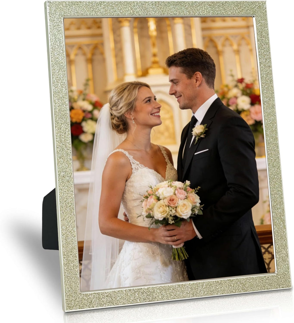 Enamel Picture Frames 8x10, 8 by 10 Silver Glittering Photo Frame with Real Glass & Velvet Back, Sparkling Metal frame for Tabletop or Wall, Amazing Weddings Graduation Gift & Wall Art Decor