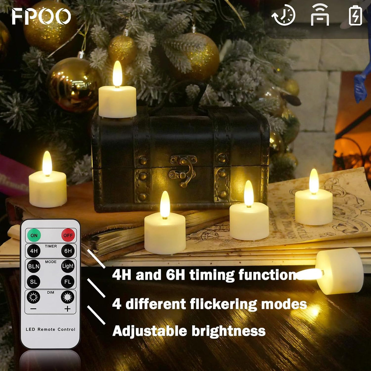 FPOO Rechargeable Tea Lights with Remote Timer, 6 Flameless Votive Candles