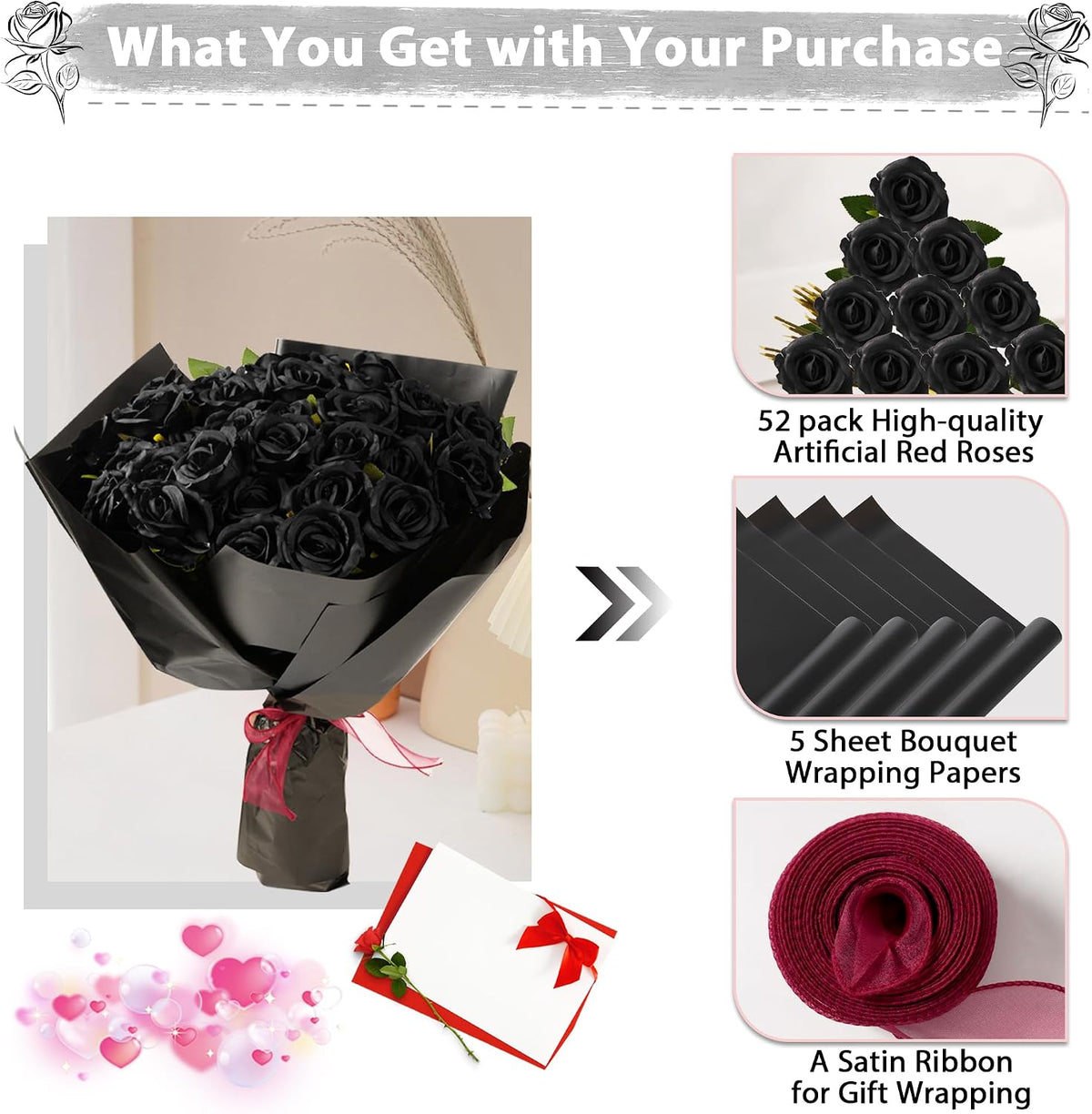 Fanfantoey Black Roses Artificial Flowers Bulk, 52Pcs Fake Roses Flower Arrangement, DIY Silk Flowers Roses Bouquet, Realistic Faux Artificial Roses for Mother's Day Home Table Decor