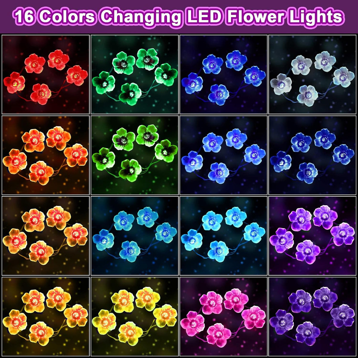 Mudder 2 Pack 16 Colors 13 FT Cherry Blossom Decor Flower String Lights