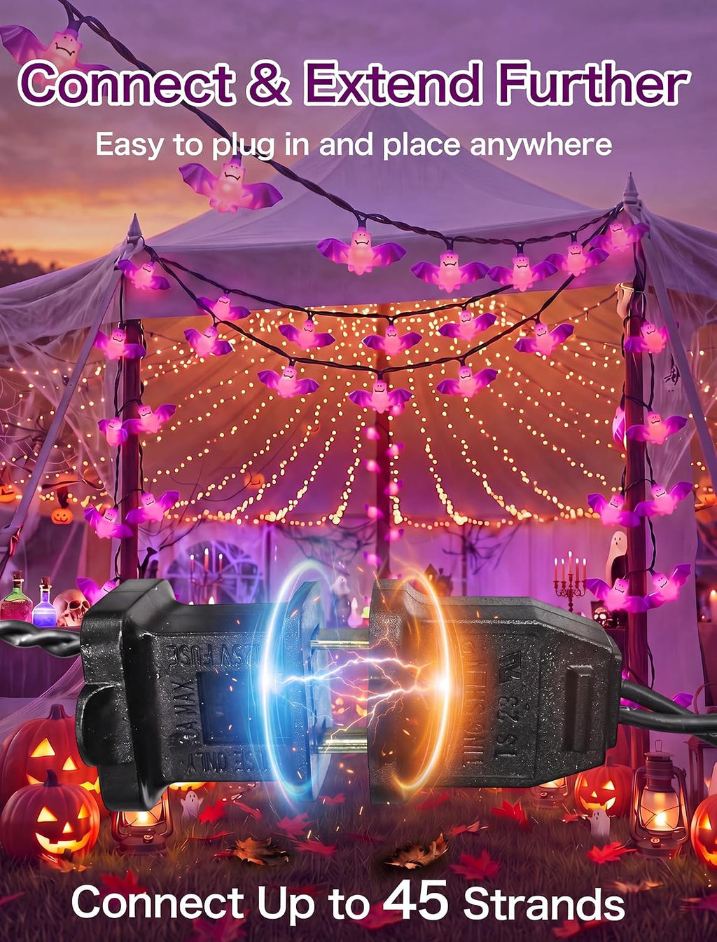 8.5FT Halloween Bat String Lights, Plug in 10 LED Purple Bat Decor Lights