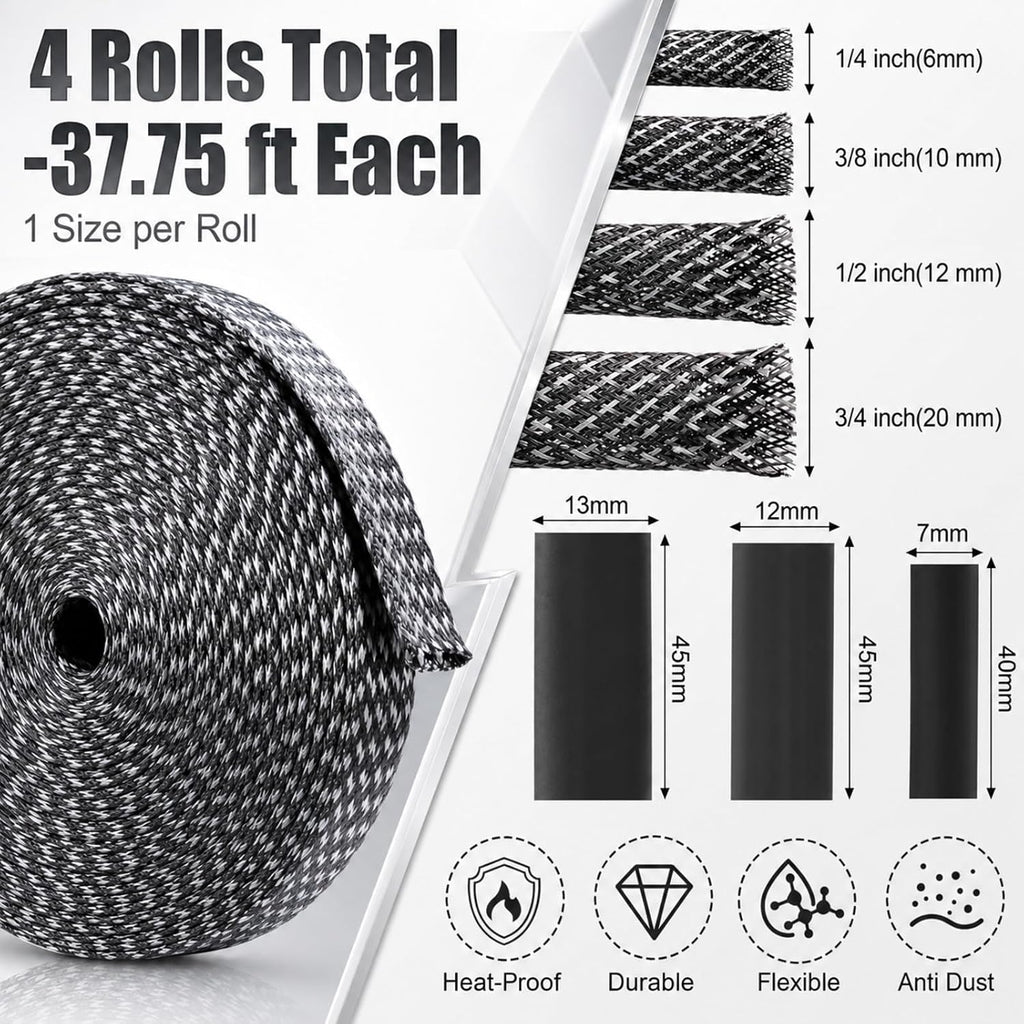Tatuo 151 ft Braided Cable Sleeve Expandable Wire Sheathing(Silver, Black)