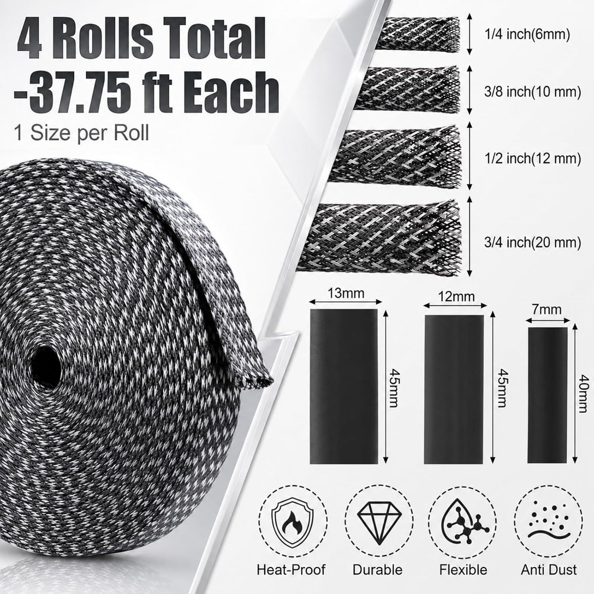 Tatuo 151 ft Braided Cable Sleeve Expandable Wire Sheathing(Silver, Black)
