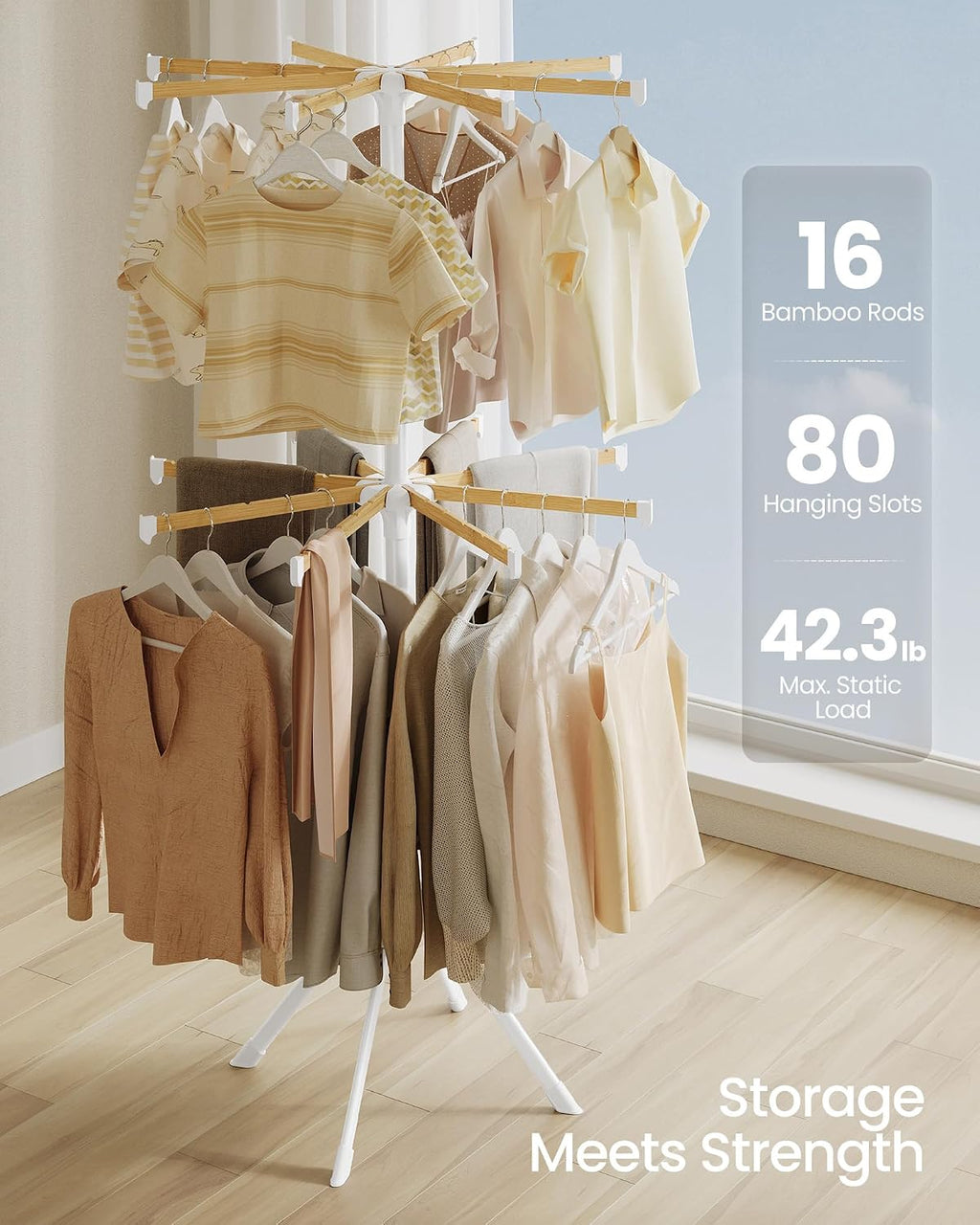 SONGMICS Clothes Drying Rack, Foldable Steel Airer, Bamboo Hanging Rods