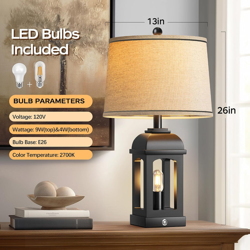 Table Lamp for Bedroom Living Room, Farmhouse Lamps with Nightlight, Black