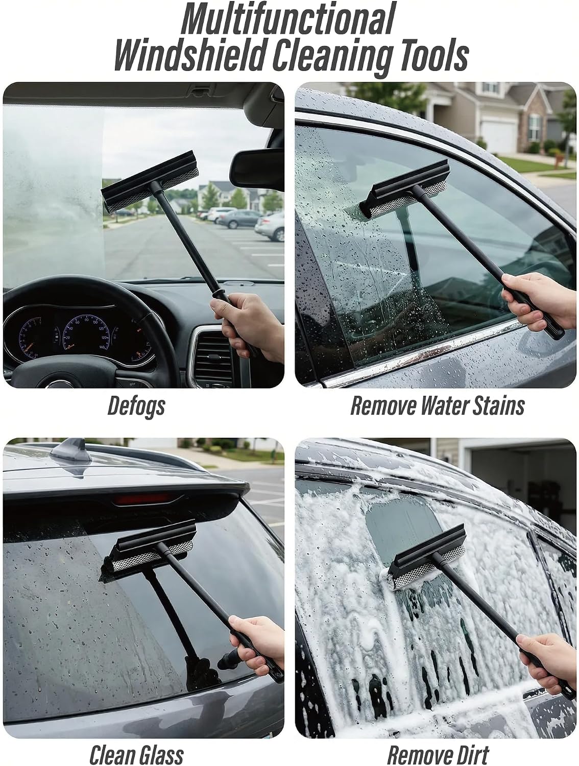 2 in1 Window Squeegee for Car, Window Cleaning Tool with 16inch Long Handle