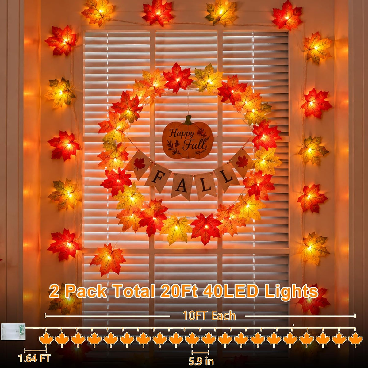 YEGUO 2 Packs Thanksgiving Decorations for Home, Fall Lights Battery Operated, Total 20ft 40 LED Lighted Fall Garland Maple Leaves Four Color for Holiday Autumn Harvest Thanksgiving Halloween Decor