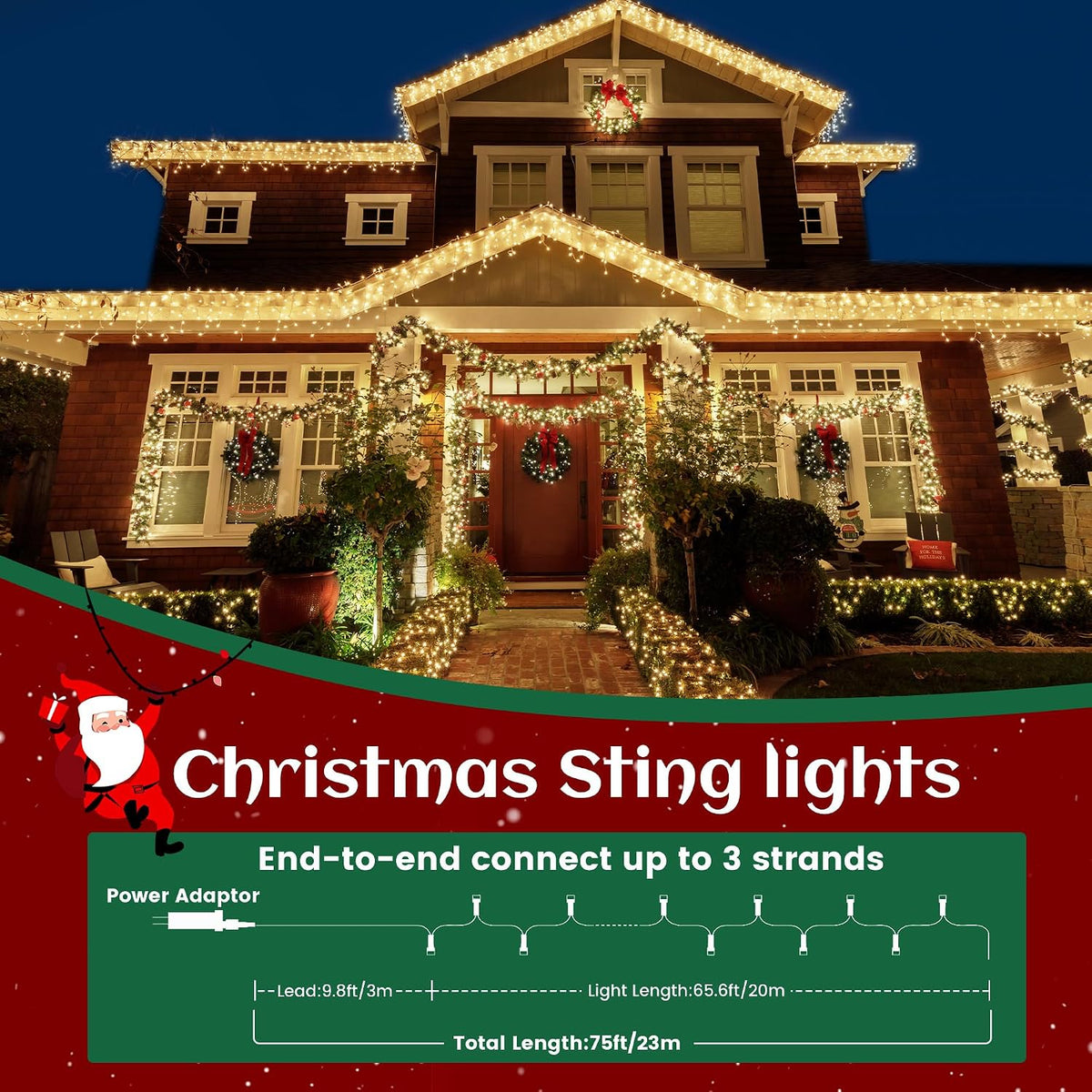 Christmas Lights Outdoor, 66ft Warm White Christmas String Lights - Remote