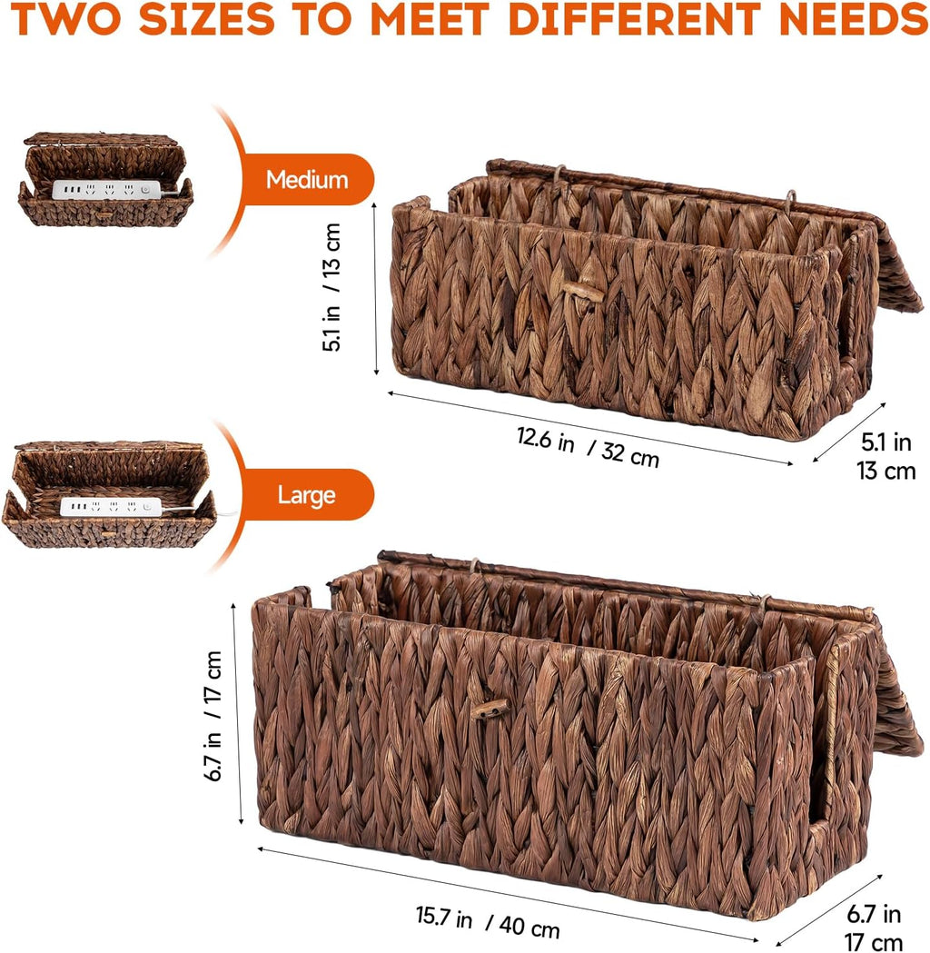 Cable Management Box with Lid, 2Pack Handwoven Real Water Hyacinth Cord Hider Organizer Boxes,2 Side Open Slots Storage Box to Hide Cords Power Strip for Desk, Floor, Office