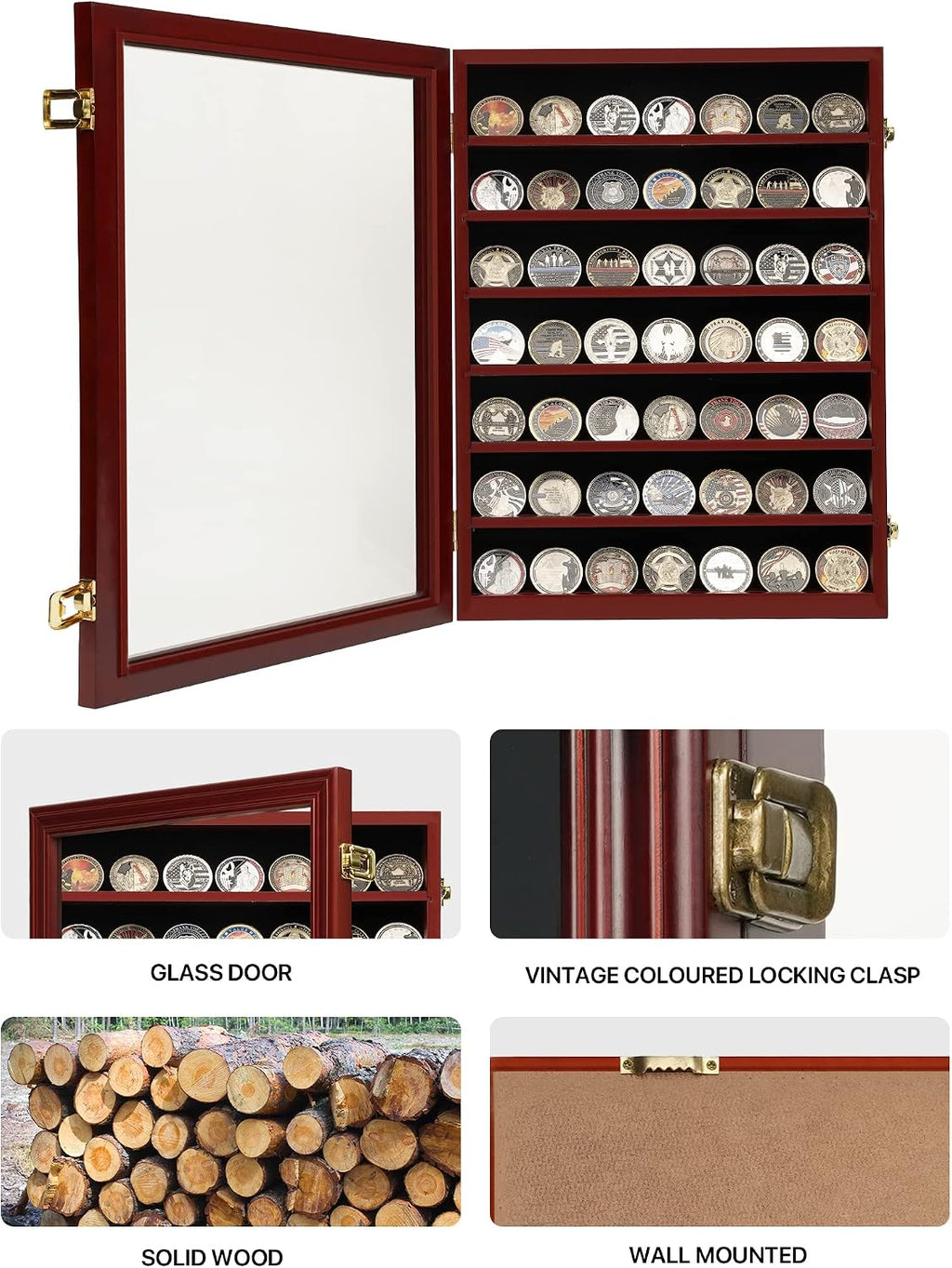 7 Rows Challenge Coin Holder Display Case with HD Tempered Glass Holds 100 coins, Wall-Mountable Military Shadow Box Cabinet with Removable 2-Groove Shelves for Medals and Casino Poker Chips, Mahogany