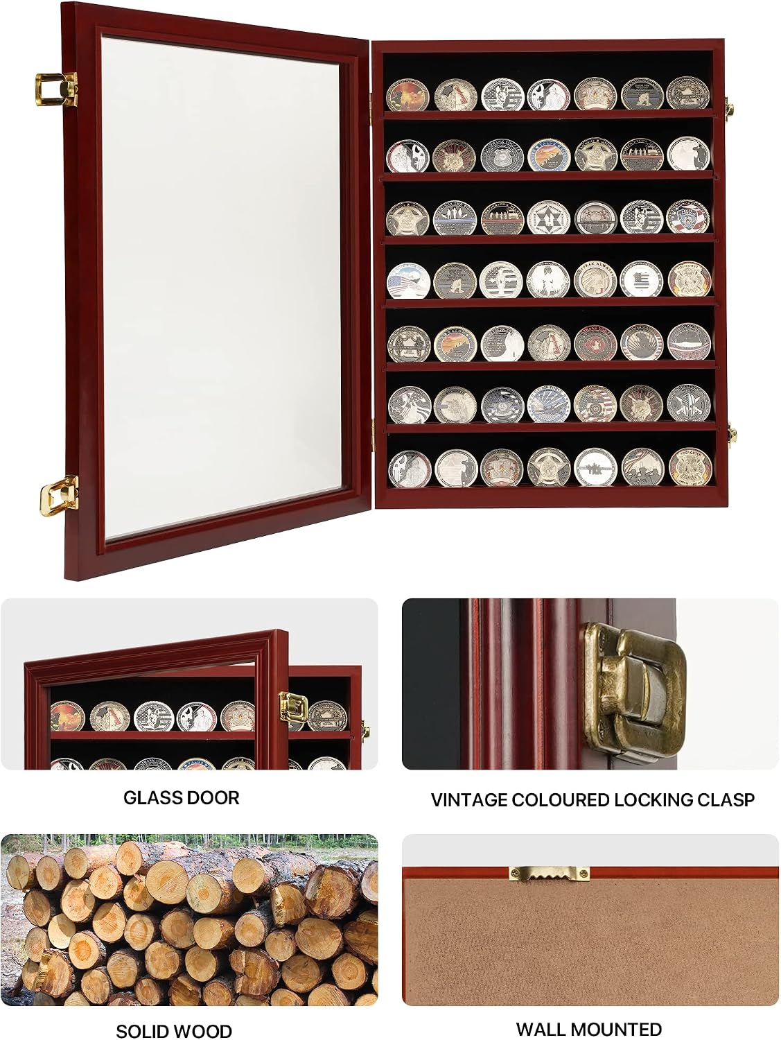 7 Rows Challenge Coin Holder Display Case with HD Tempered Glass Holds 100 coins, Wall-Mountable Military Shadow Box Cabinet with Removable 2-Groove Shelves for Medals and Casino Poker Chips, Mahogany
