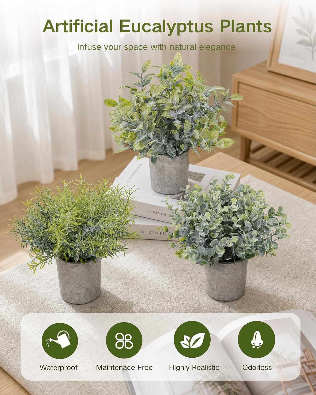 Velener Set of 3 Small Fake Plants Eucalyptus, Artificial Plants Indoor for Shelf, Potted Eucalyptus Plants for Home/Bathroom/Pottery Barn/Desk/Farmhouse/Coffee Table Decor (Frosted Green)
