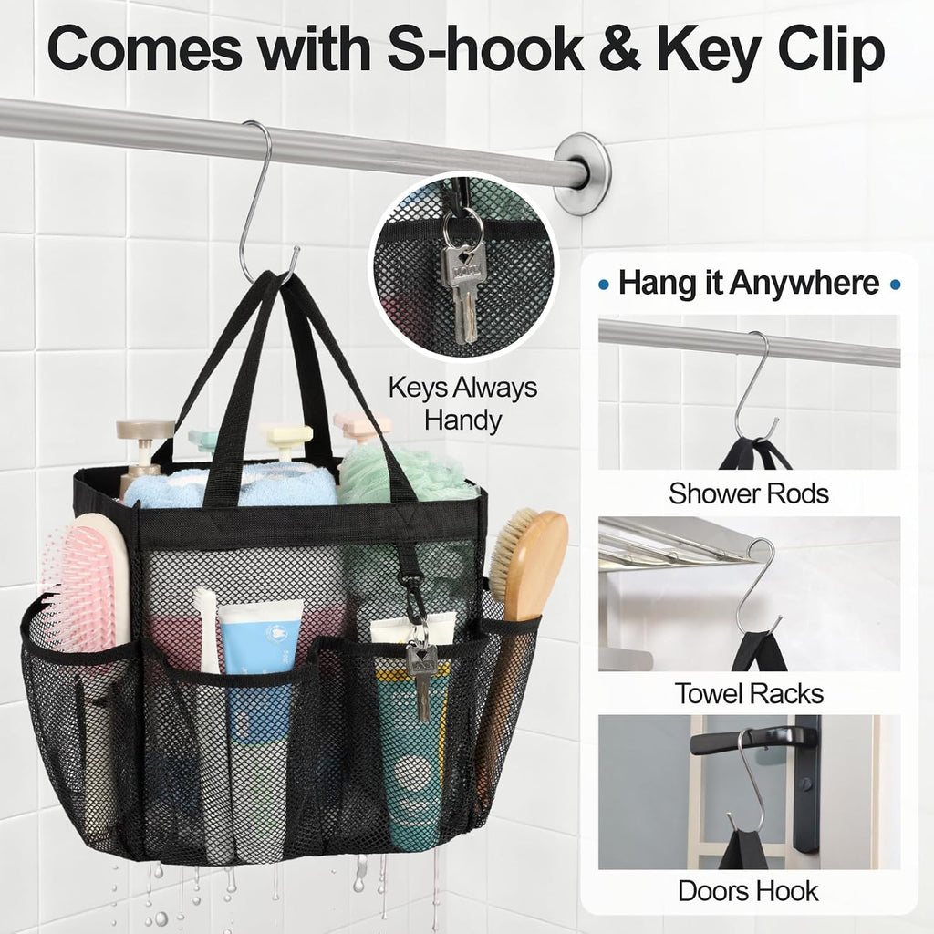 Mesh Shower Caddy Portable - 8 Pockets, Hanging Shower Bag for Dorm Camping