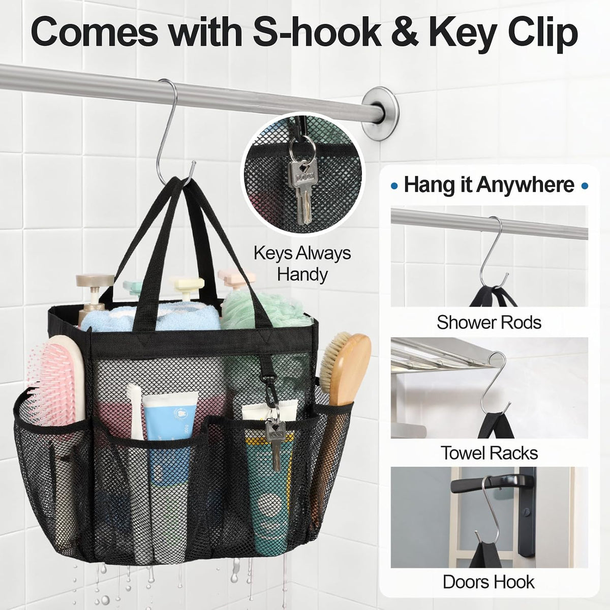 Mesh Shower Caddy Portable - 8 Pockets, Hanging Shower Bag for Dorm Camping