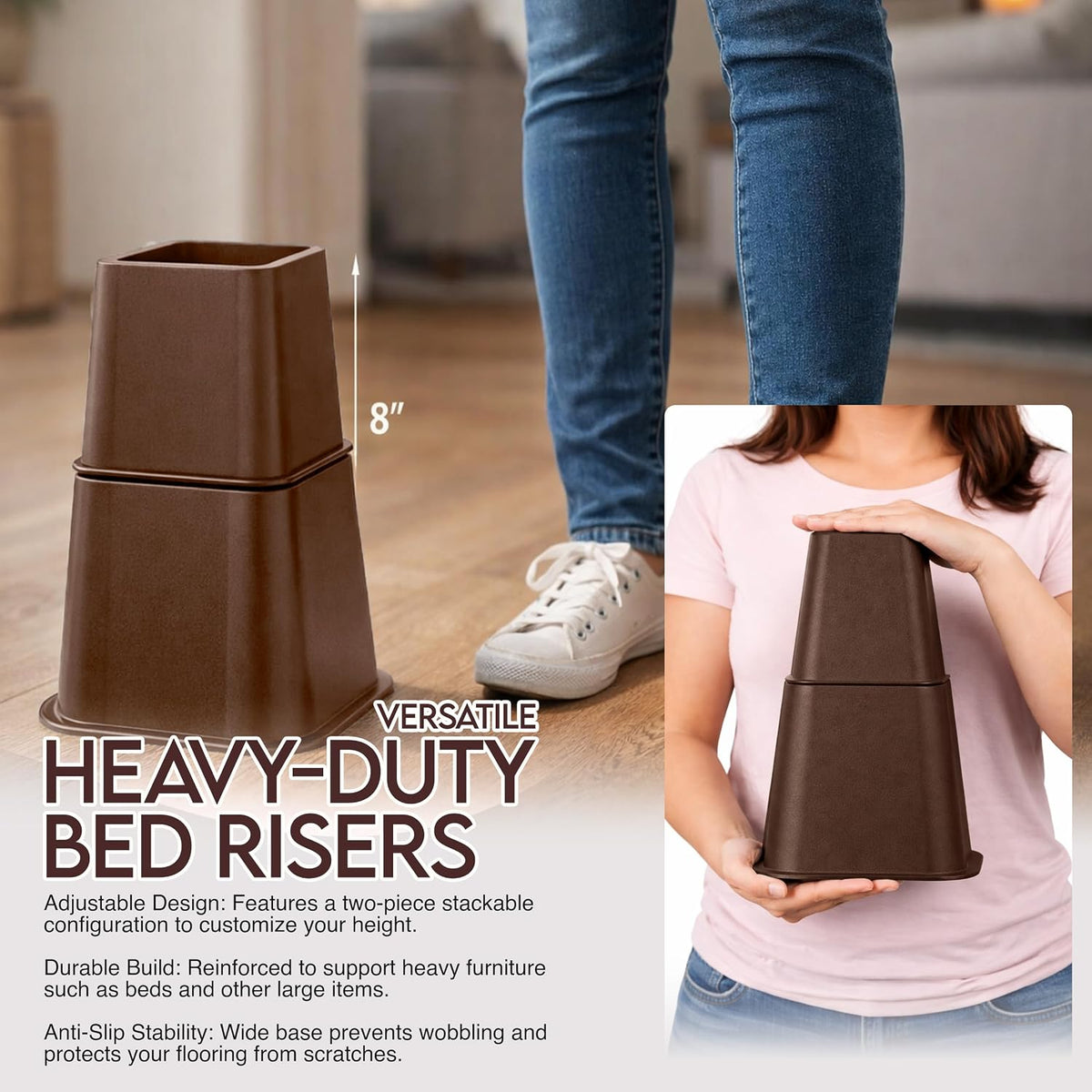 Utopia Bedding Adjustable Bed Risers 3 & 5 Inch, Brown, 4-Pack