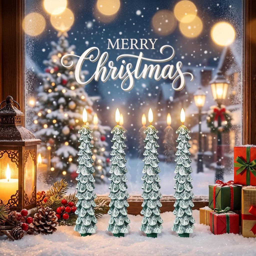 Christmas Tree Candles, Flameless Taper Candles with Frosted Green