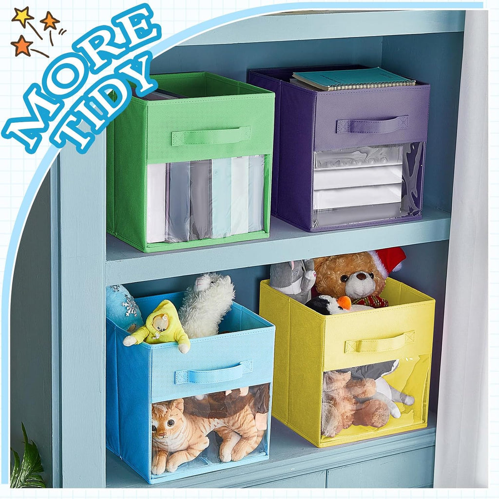 Marsui 8 Pcs Cube Storage Bins with Clear Window 11'' Daycare Storage Cube Organizer Bins for Closet Kid Nursery Playroom with Handle Fabric Collapsible Storage Cubes(Dark Blue, Yellow, Green, Blue)