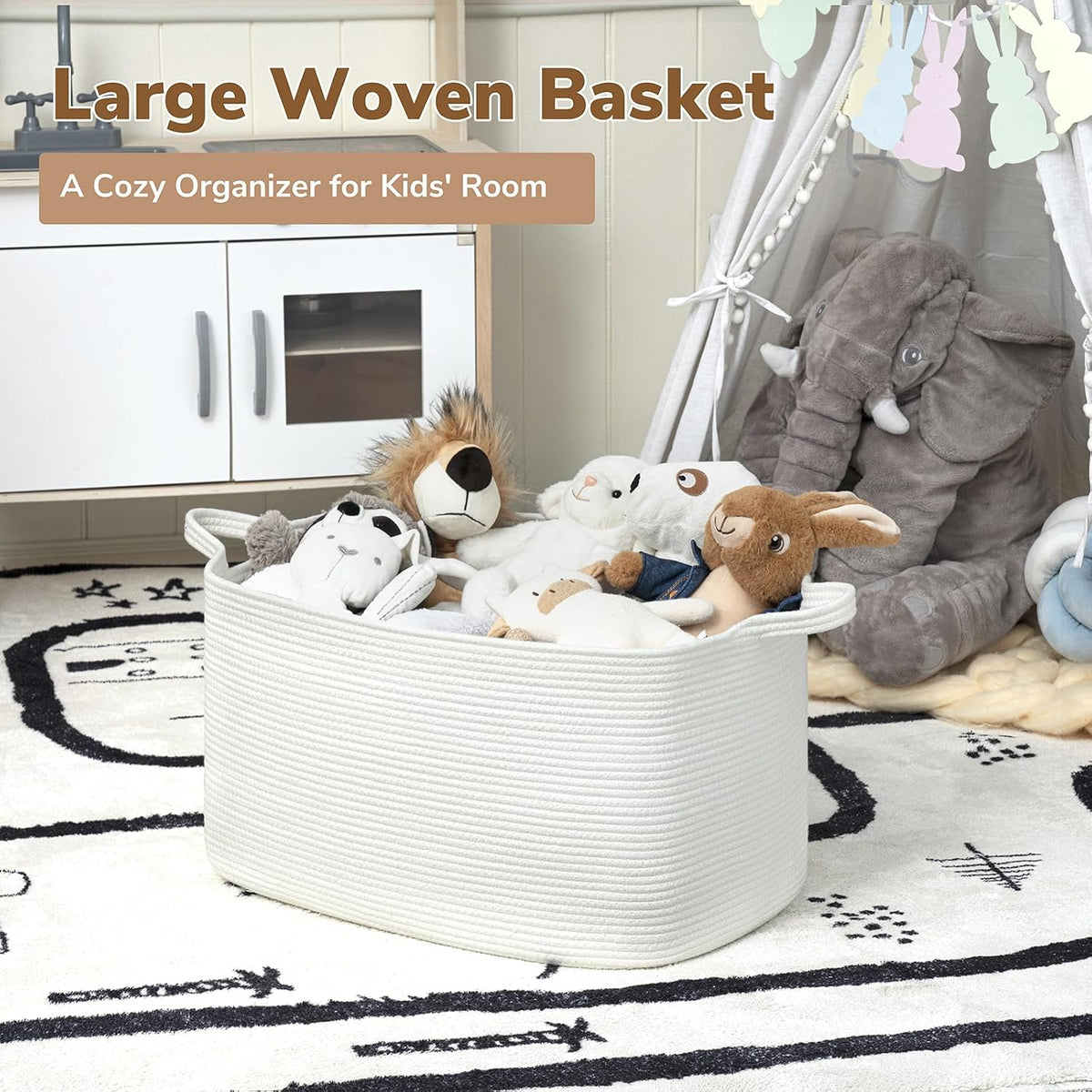 Goodpick Large Woven Rope Blanket Basket, Rectangle, White, 75L