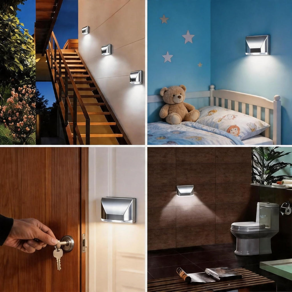 Key Light Door Light, Small Motion Sensor Light with 4 LED Bulbs, Battery Powered Night Lights for Hallway, Stairway, Kitchen, Closet, Bedroom (Silver)