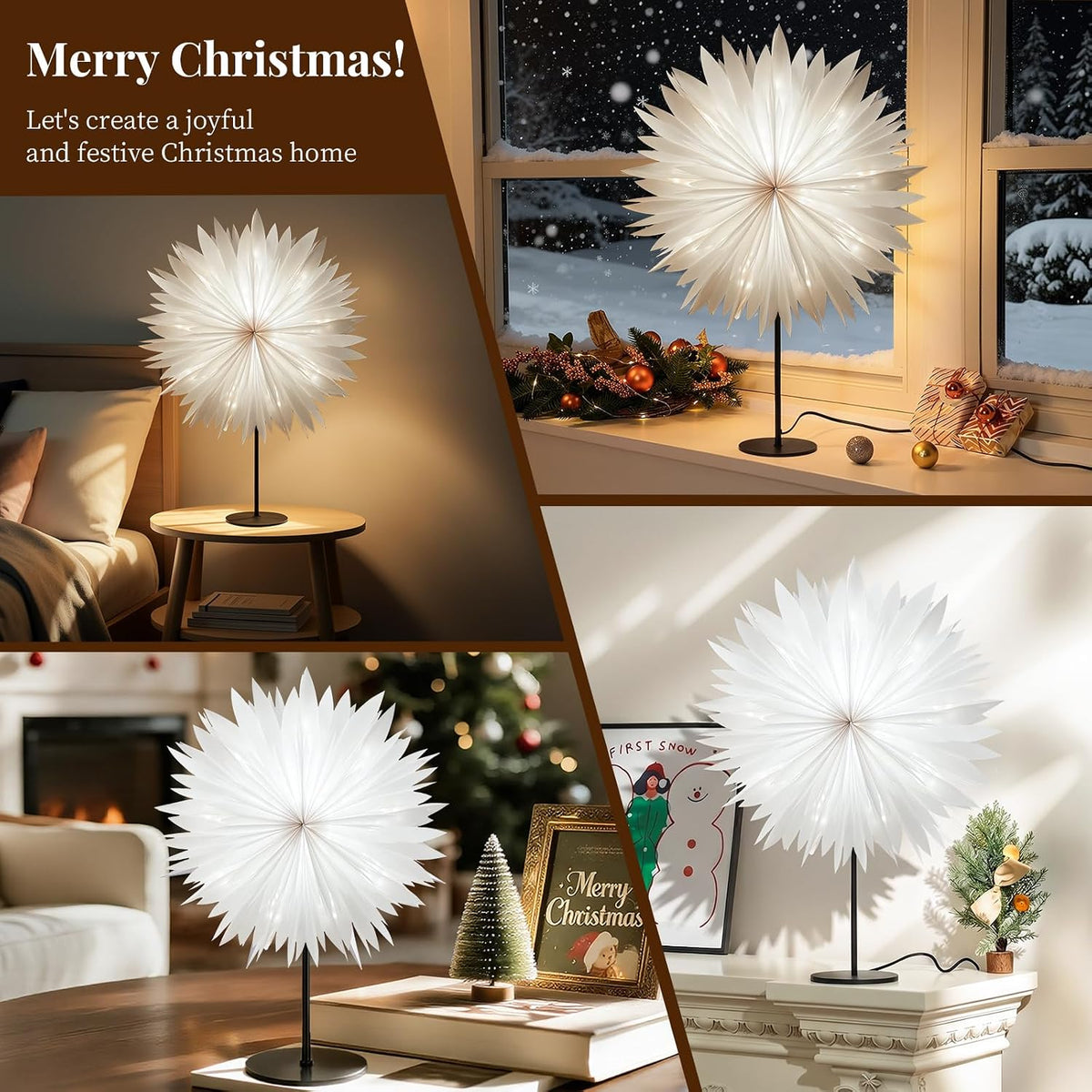 Lewondr 3D Christmas Paper Star Table Lamp, Translucent Feather, White