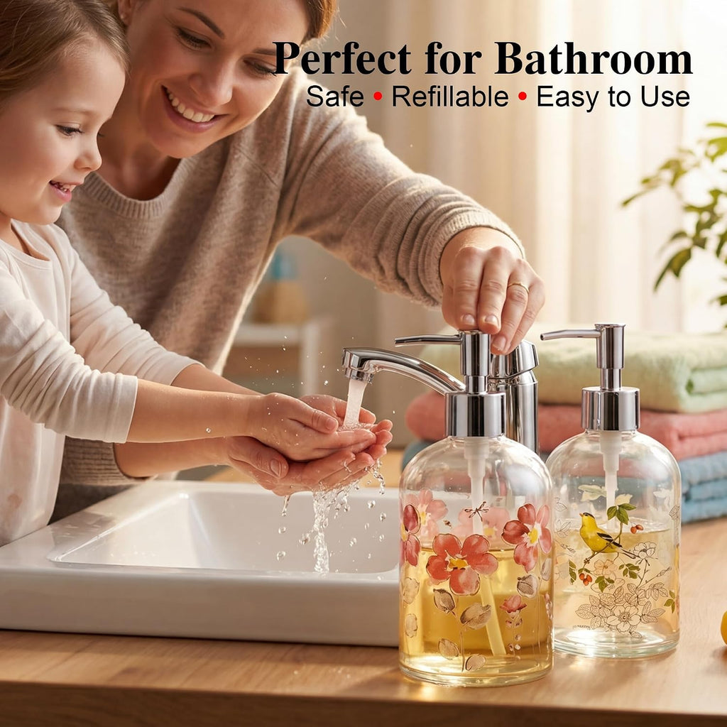 Topadorn 2 Pack 17oz Glass Soap Dispensers, Floral & Goldfinch Bird