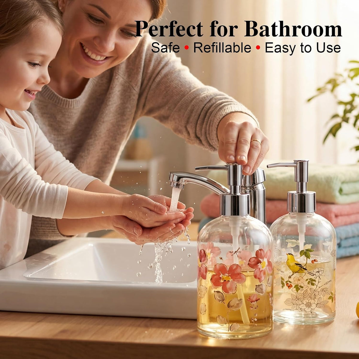 Topadorn 2 Pack 17oz Glass Soap Dispensers, Floral & Goldfinch Bird