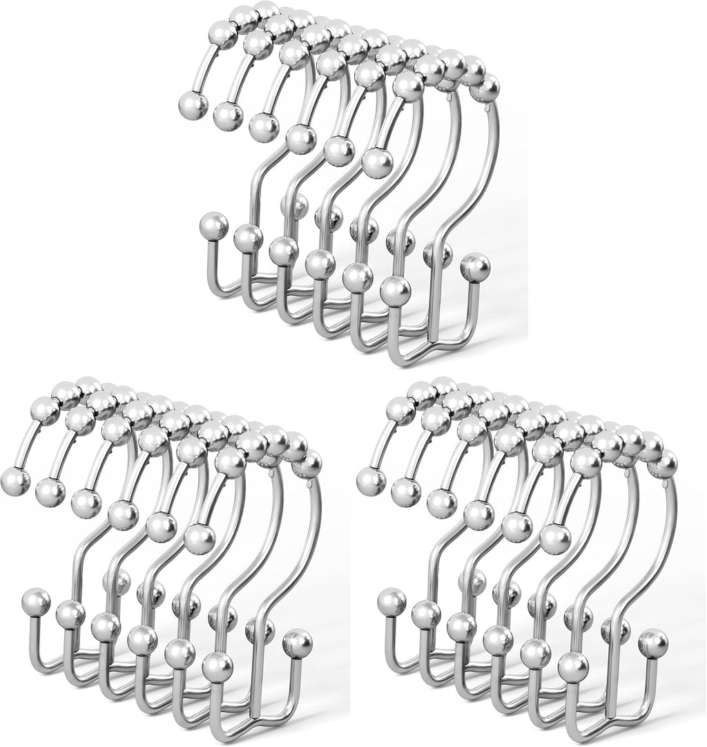 DAWNER Shower Curtain Hooks, Rust Proof Metal Easy Glide Double Rings, Stainless Steel Hangers for Bathroom Curtains, Set of 12, Polished Chrome (Pack of 3)