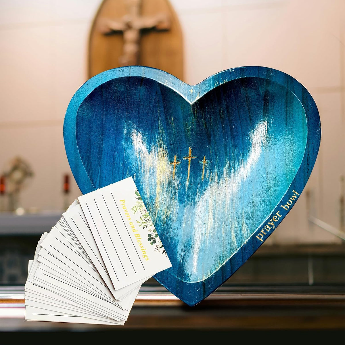 Heart Prayer Bowl with Cross,Prayer Bowll with Cards, Heart Prayer Bowl Wooden,With 24 Cards,Enhance Home Decor or Room Ambiance For Christian Congregation Gifts (B)