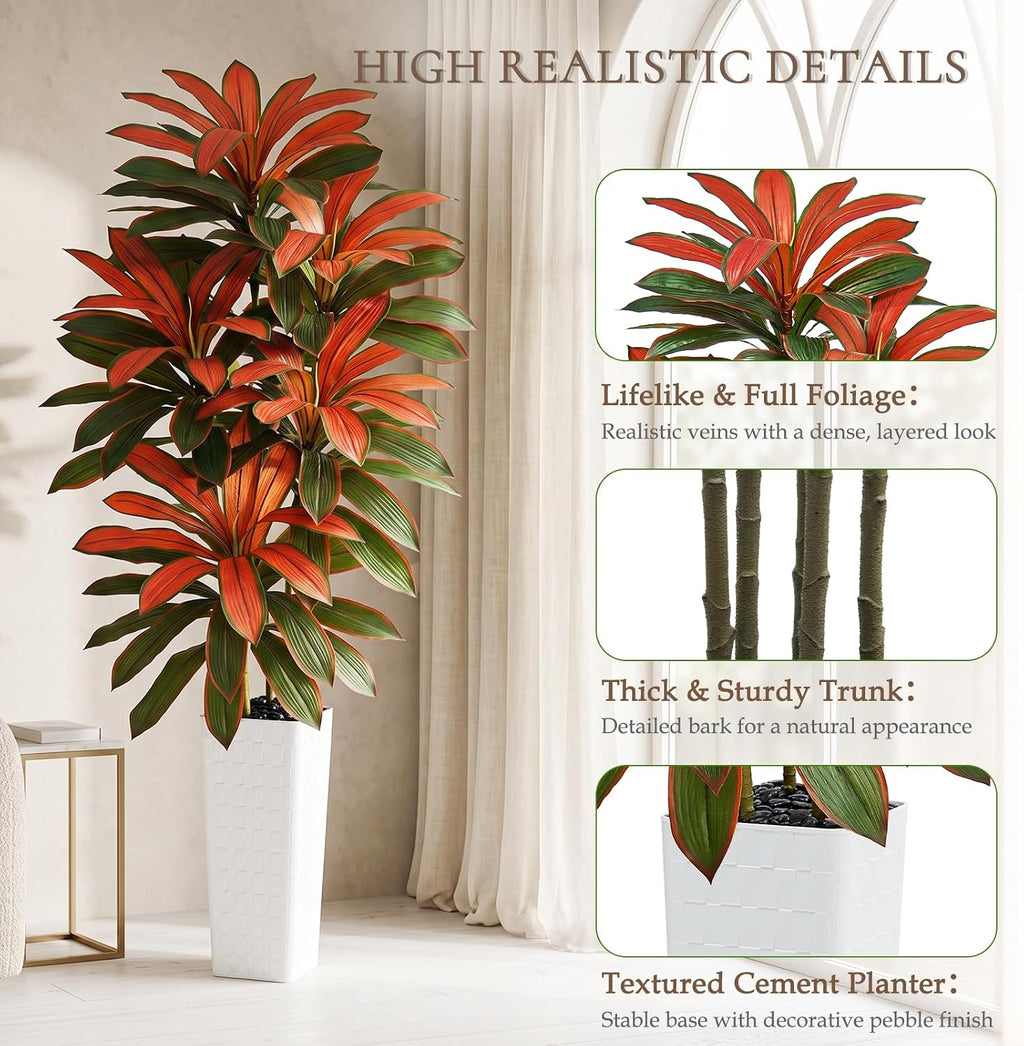 Artificial Dracaena Tree 7FT, Fake Tree with White Tall Planter