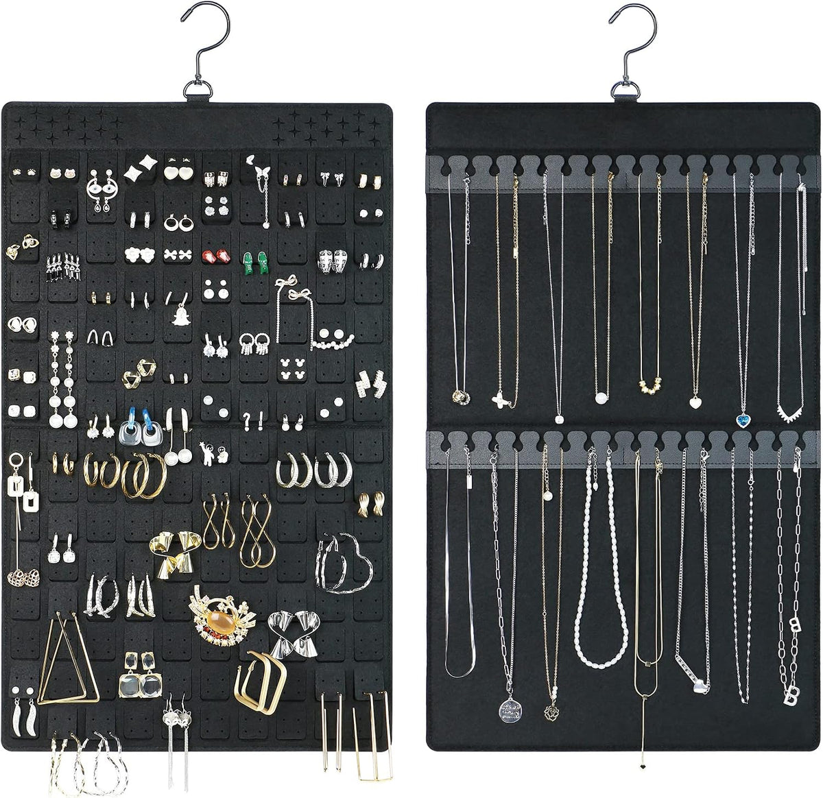Earring and Necklace Organizer, Dual Sided Hanging Jewelry Organizer with Hanger for Closet,Over Door Large Capacity Holder 300 Earrings+30 Necklaces, Sturdy Felt Material,Gift Ready,1 Pack