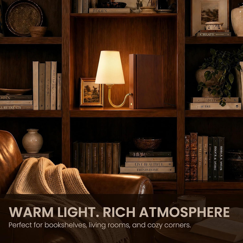 AELS Solid Wood Bookshelf Lamp with Bulb, 3-Color Touch Control Dimmable Table Lamp with Linen Shade, Modern Decorative Bookend Lamp for Bedroom, Office & Bookshelf Decor, Dark Brown (Pack of 2)